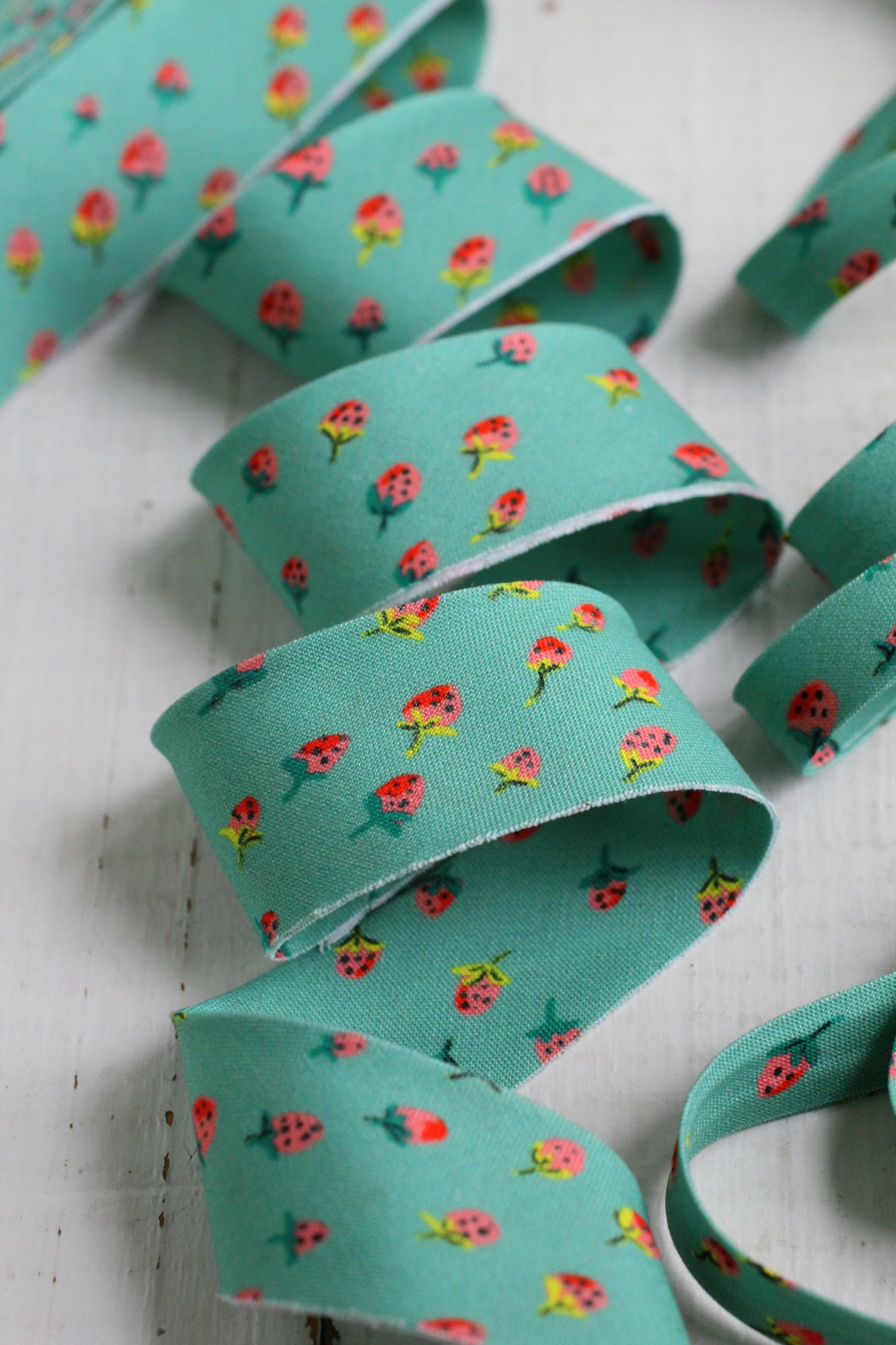 Field Strawberries Teal Bias Tape & Bias Quilt Binding Heather Ross