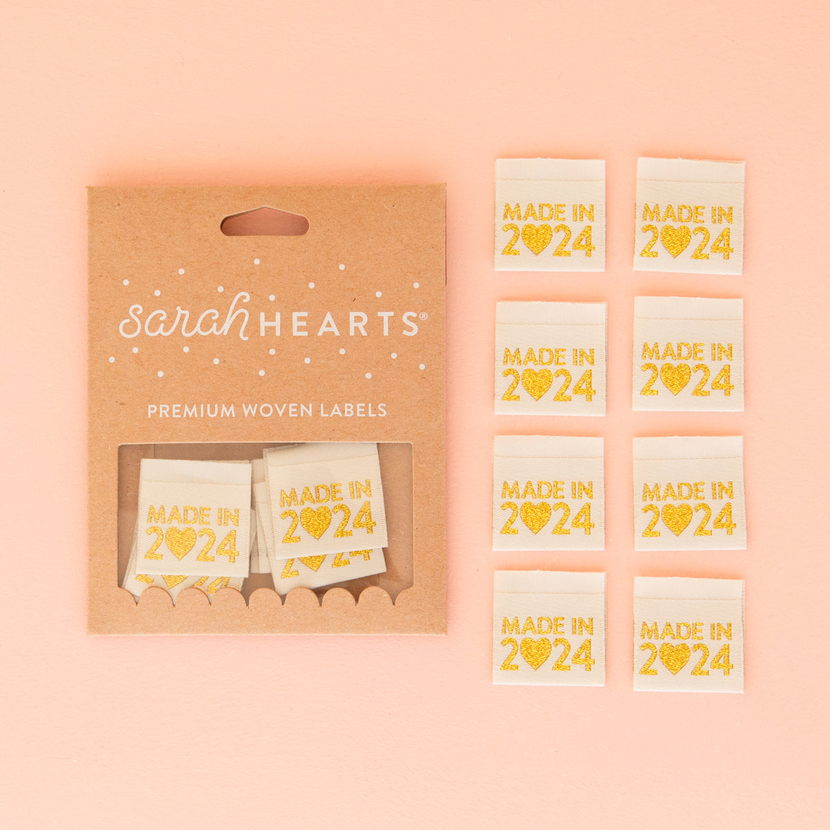 Sarah Hearts Quilt Label - Made in 2024 Metallic Gold